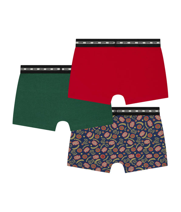 DIM Lot de 3 boxers enfant Rouge Vert logotypés Dim Coton Stretch