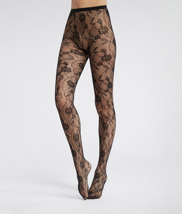 DIM Collant femme en résille et dentelle florale Noir Dim Style