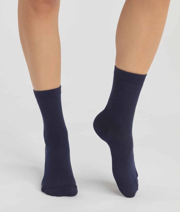 DIM Lot de 2 paires de chaussettes femme en coton bio Bleu Marine Dim Good