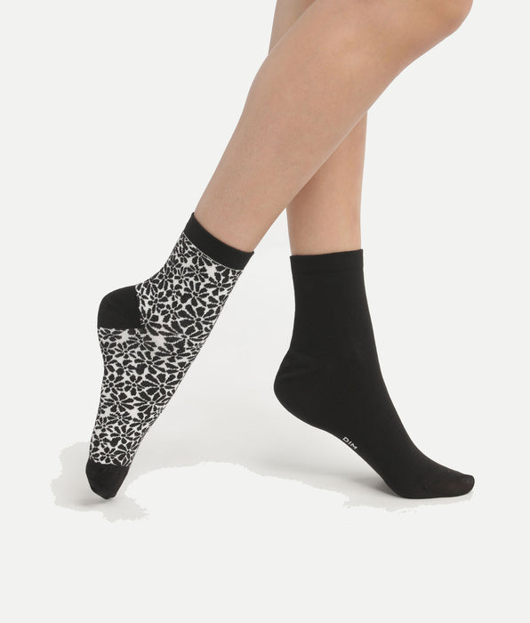 DIM Lot de 2 paires de chaussettes en coton bio motif fleur Noir Dim Good