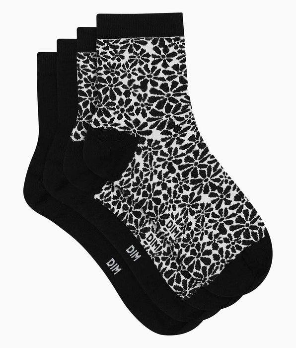 DIM Lot de 2 paires de chaussettes en coton bio motif fleur Noir Dim Good