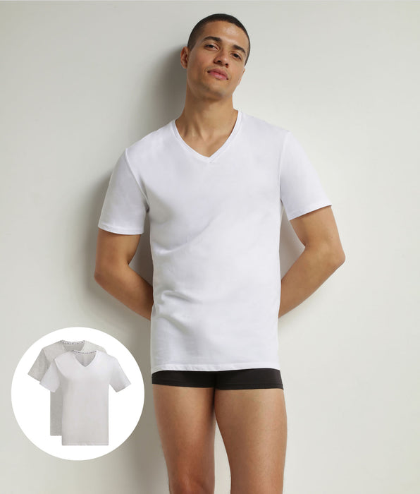DIM Lot de 2 t-shirts homme en coton bio Blanc Gris à col V Dim Good