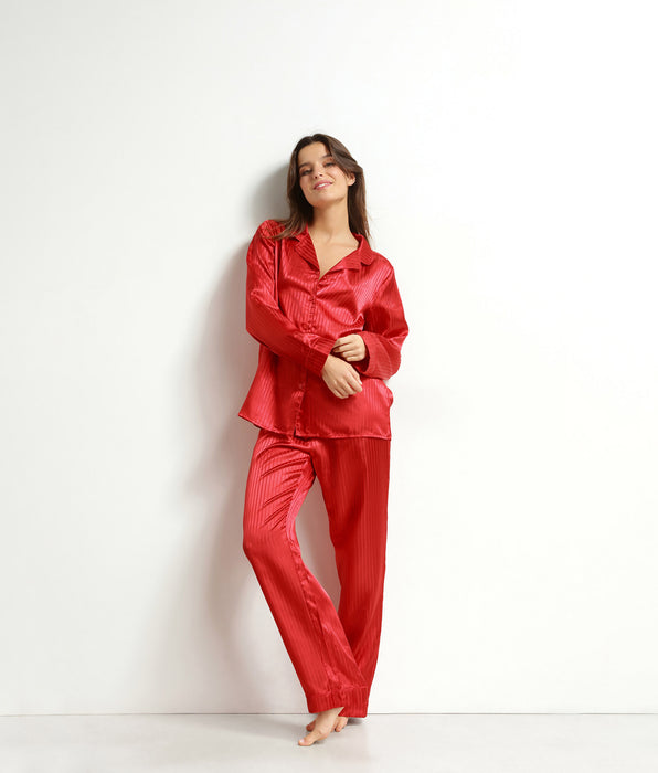 DIM Ensemble pyjama femme pantalon en satin Rouge Dim Don’t Disturb