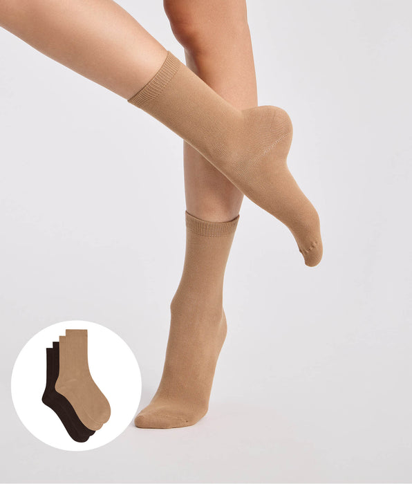 DIM Lot de 2 chaussettes femme coton chocolat, taupe Thermo