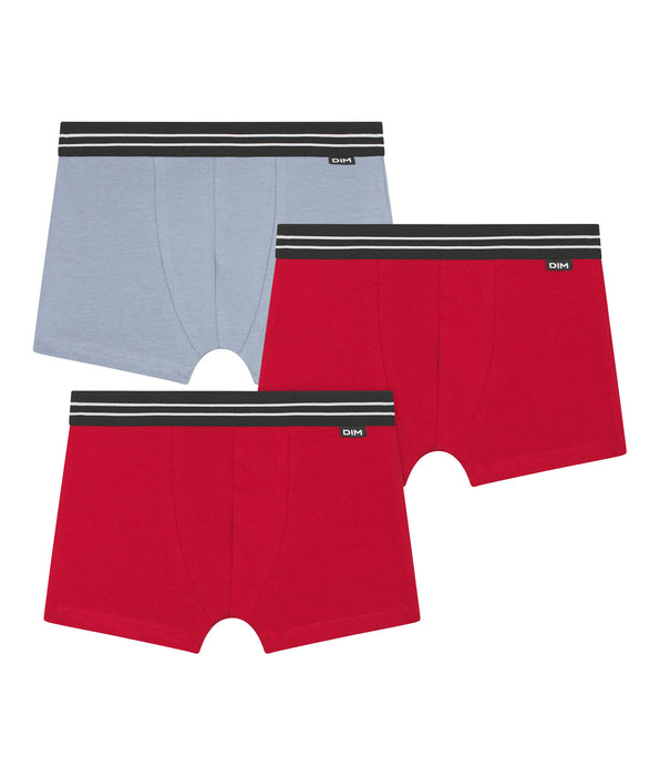 DIM Lot de 3 boxers garçon en coton stretch Rouge Bleu Ecodim