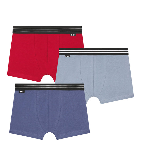 DIM Lot de 3 boxers garçon en coton stretch Rouge Carmin Bleu Ecodim