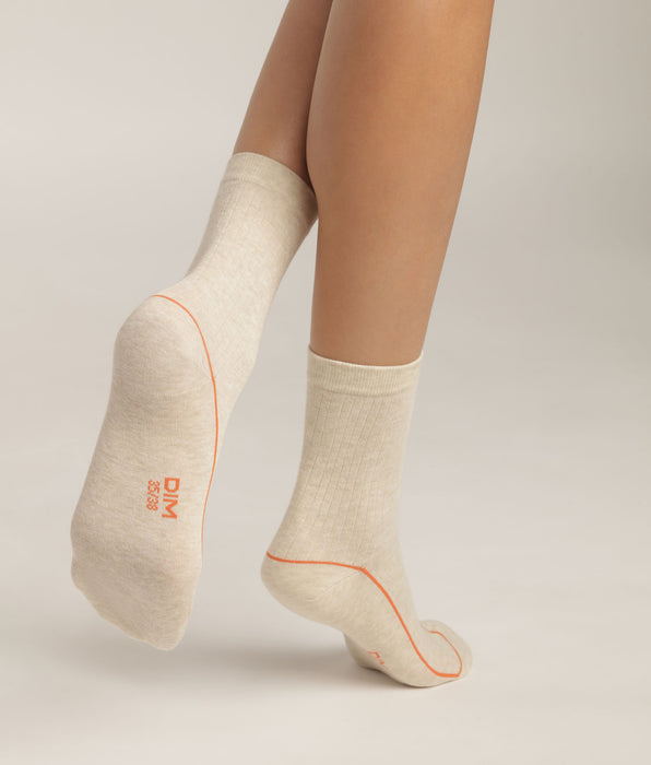 DIM Chaussettes femme en coton côtelé Acier avec liseré coloré Dim Mode
