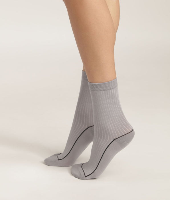 DIM Chaussettes femme en coton côtelé Beige avec liseré coloré Dim Mode