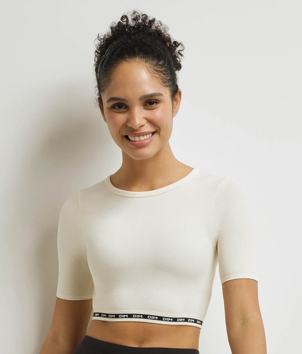 DIM Top femme sans couture en microfibre côtelée Beige Dim Icons Seamless
