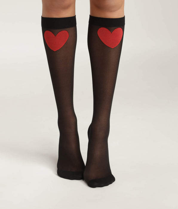 DIM Mi-bas femme en voile transparent Noir motif coeur rouge Dim Style