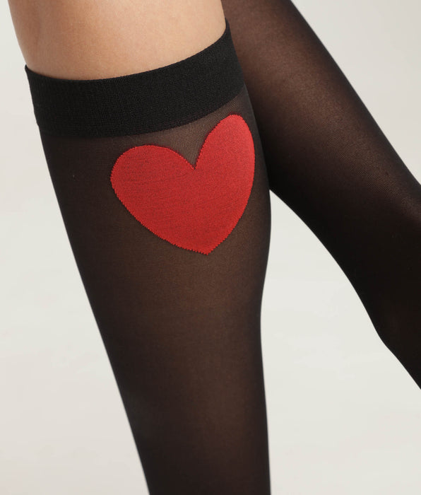 DIM Mi-bas femme en voile transparent Noir motif coeur rouge Dim Style