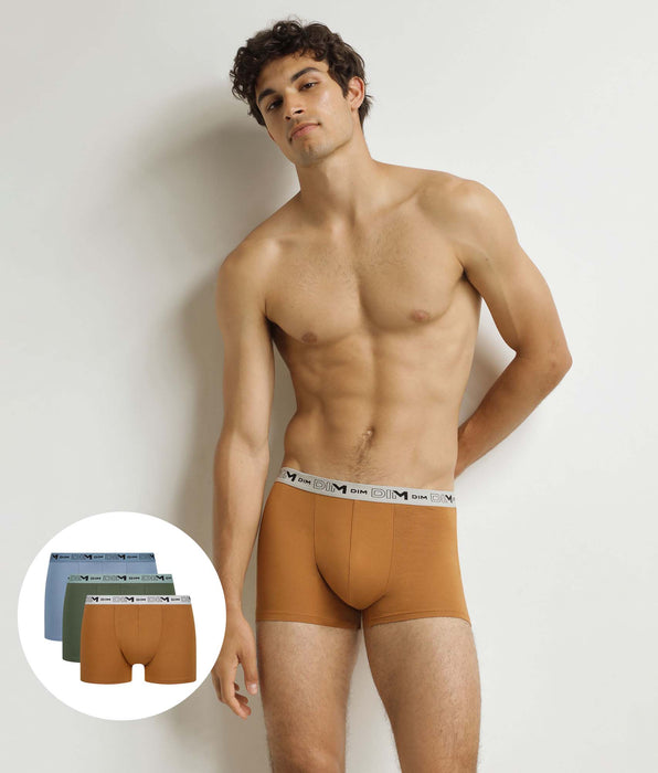 DIM Lot de 3 boxers homme Kaki Ocre Bleu Coton Stretch Bio
