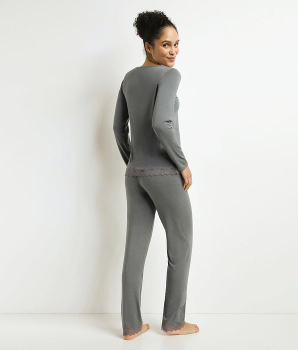 DIM Pyjama femme pantalon Gris avec dentelle Don’t Disturb