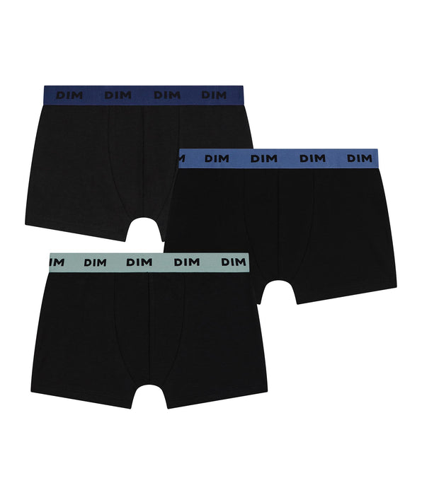 DIM Lot de 3 boxers homme coton stretch noir ceinture colorée Bleu Lila Mix & Colors