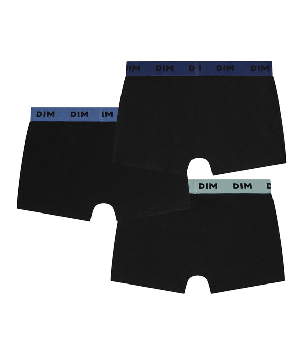 DIM Lot de 3 boxers homme coton stretch noir ceinture colorée Bleu Lila Mix & Colors