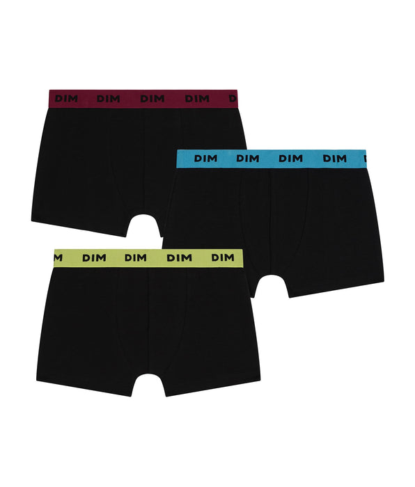 DIM Lot de 3 boxers homme coton stretch noir ceinture colorée Bleu Citron Mix & Colors