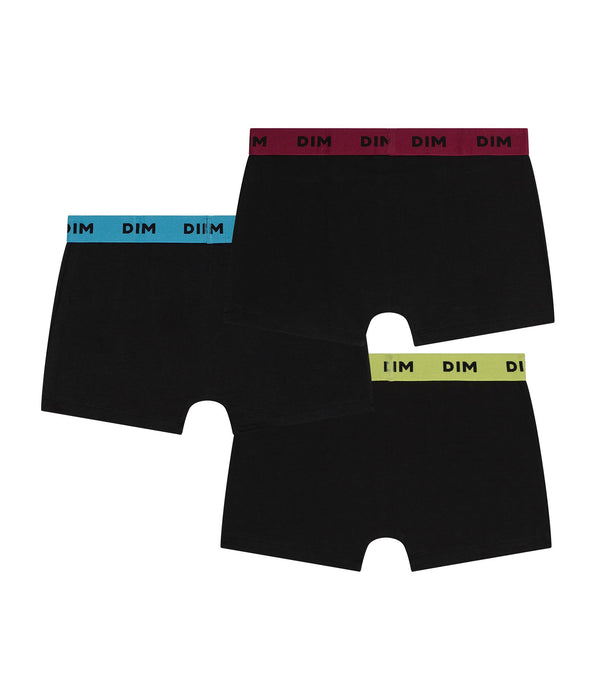 DIM Lot de 3 boxers homme coton stretch noir ceinture colorée Bleu Citron Mix & Colors