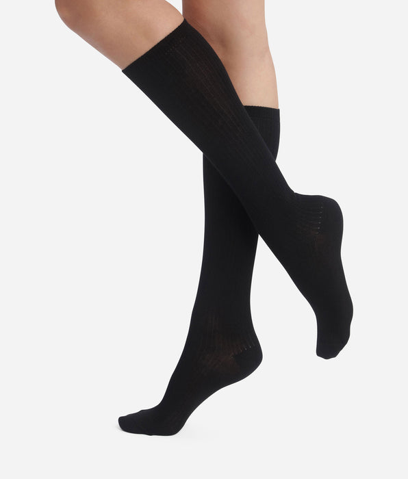 DIM Chaussettes haute côtelée en coton Noir Dim Modal