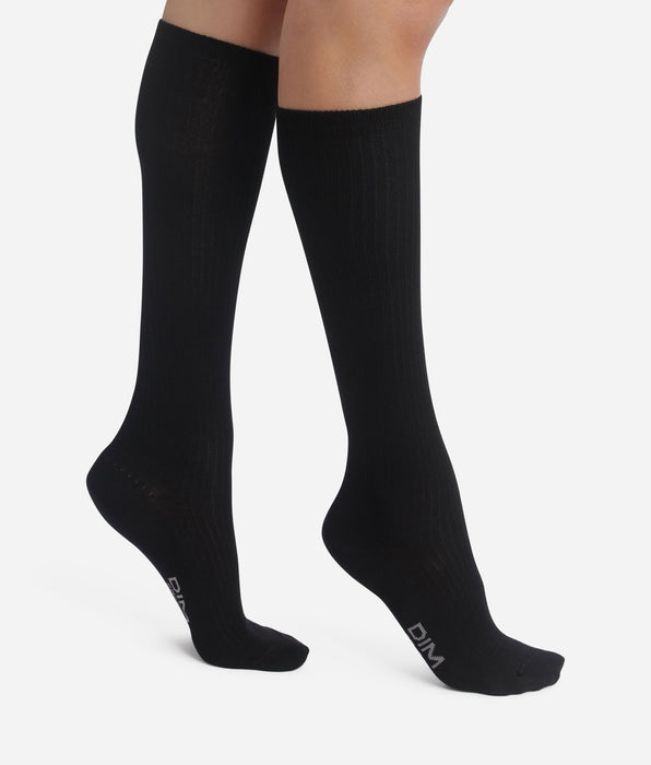 DIM Chaussettes haute côtelée en coton Noir Dim Modal