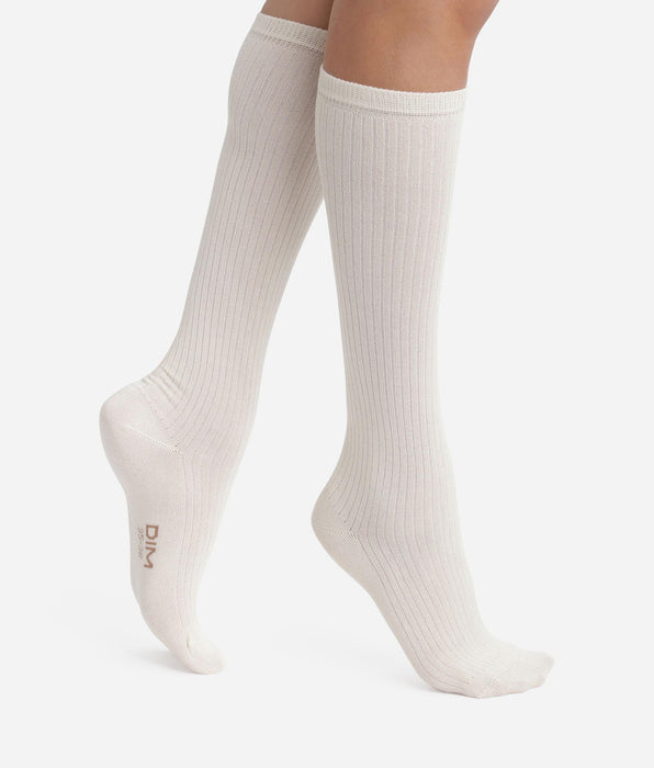 DIM Chaussettes haute côtelée en coton Ivoire Dim Modal