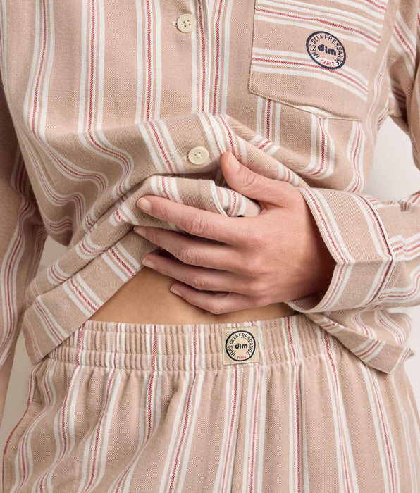 DIM Ensemble pyjama femme flanelle rayée brun et beige DIM x Ines de la Fressange