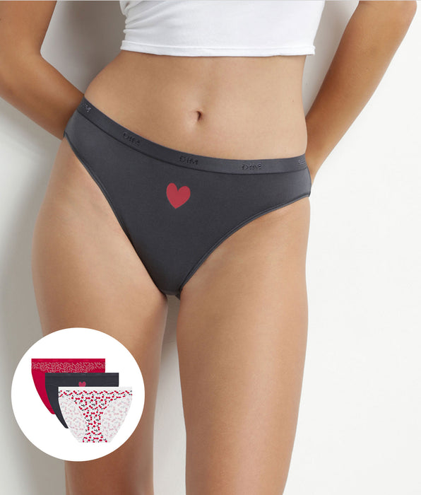 DIM Lot de 3 slips femme en coton stretch Rouge motifs coeurs Les Pockets