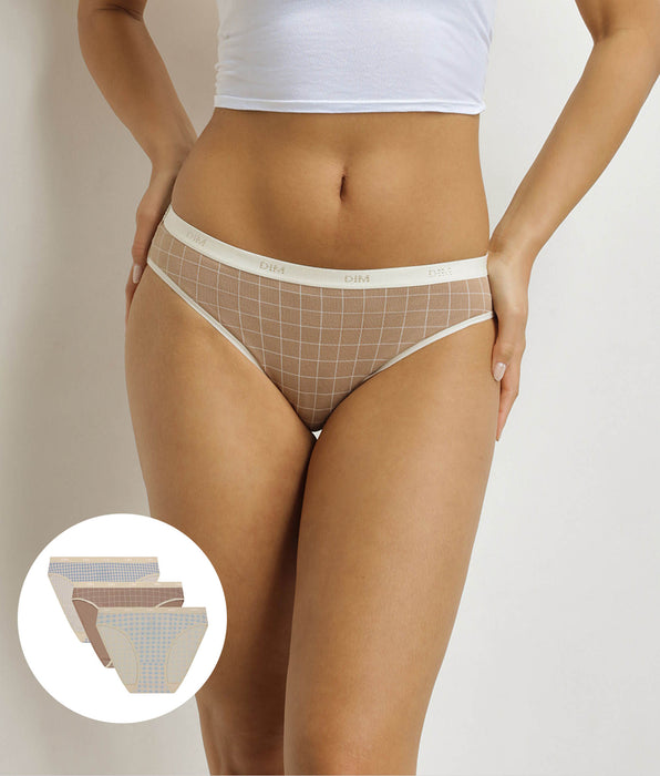 DIM Lot de 3 slips femme motifs vichy Ecru Bleu Beige Les Pockets