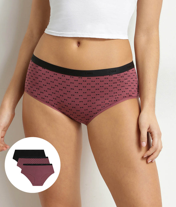 DIM Lot de 3 boxers femme en coton stretch Noir Prune Les Pockets