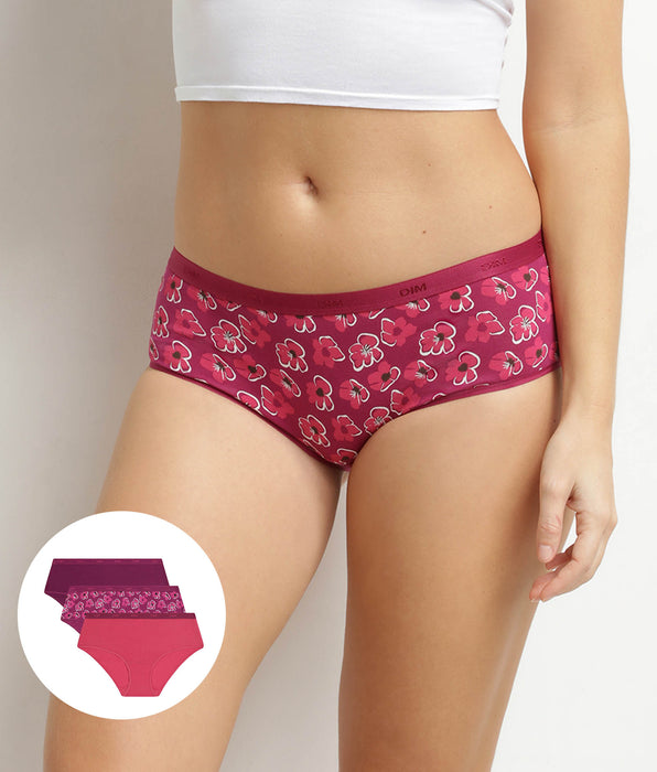 DIM Lot de 3 boxers femme en coton stretch Fleurs Rubis Les Pockets