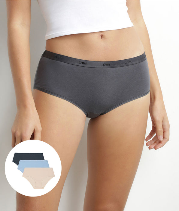 DIM Lot de 3 boxers femme coton stretch Beige Bleu Gris Les Pockets Ecodim
