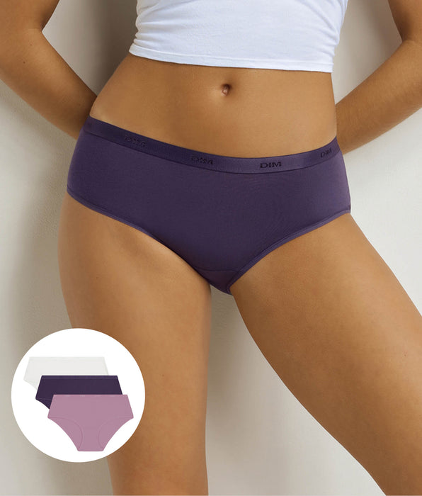 DIM Lot de 3 boxers femme Violet, Blanc Les Pockets Ecodim