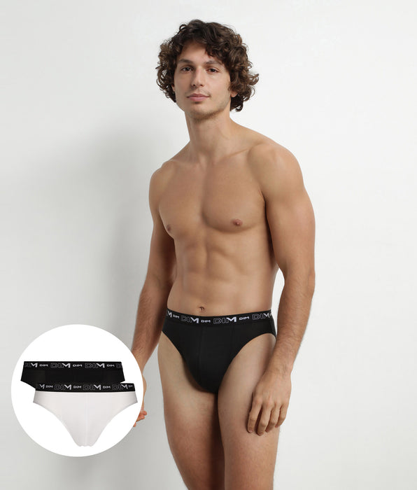 DIM Lot de 2 slips homme Noir Blanc ceinture contrastée Dim Coton Stretch