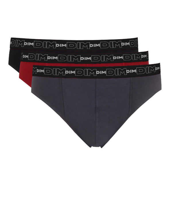 DIM Lot de 3 slips gris, rouge chili et noir Coton Stretch