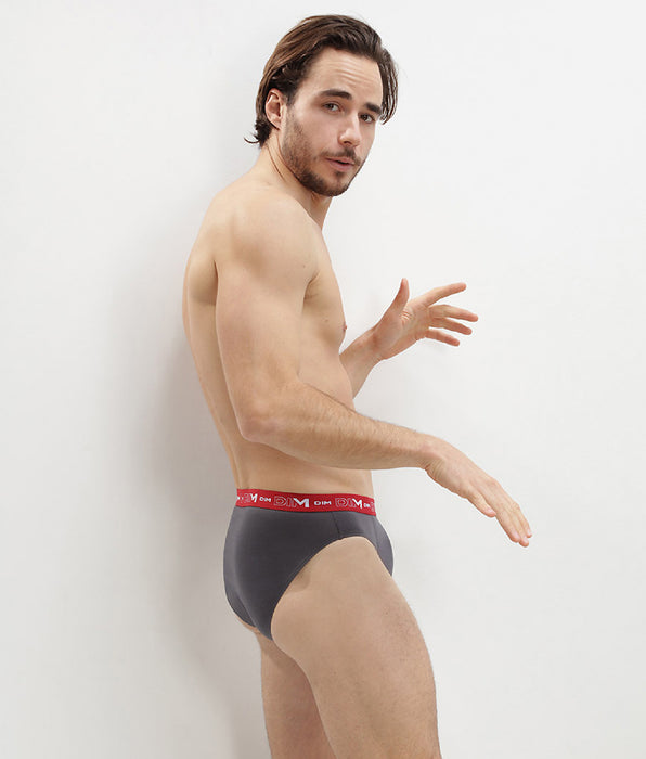 DIM Lot de 3 slips gris, rouge chili et noir Coton Stretch
