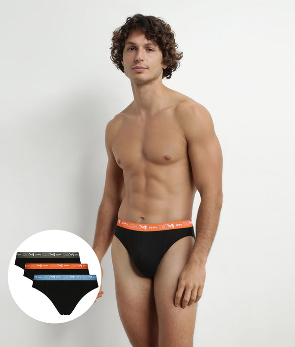 DIM Lot de 3 slips homme Noir à ceinture Orange Vert Dim Coton Stretch