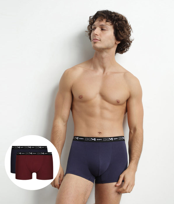 DIM Lot de 2 Boxers homme Rouge Bleu ceinture contrastée Dim Coton Stretch