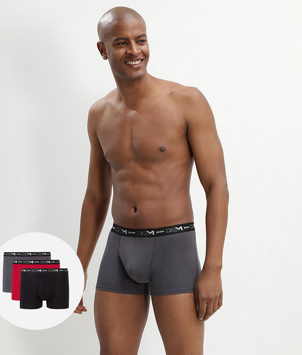 DIM Lot de 3 boxers gris, rouge chili et noir Coton Stretch
