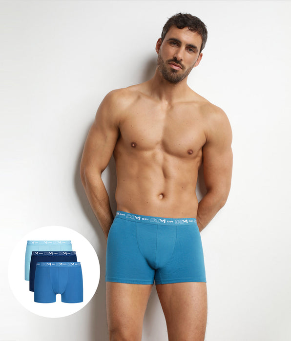 DIM Lot de 3 boxers homme Bleu ceinture contrastée Dim Coton Stretch