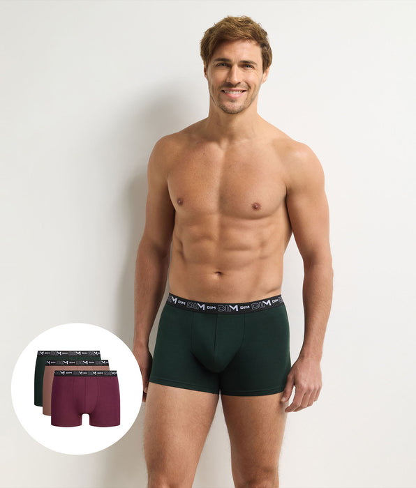 DIM Lot de 3 boxers homme vert foncé, caramel, figue Coton Stretch