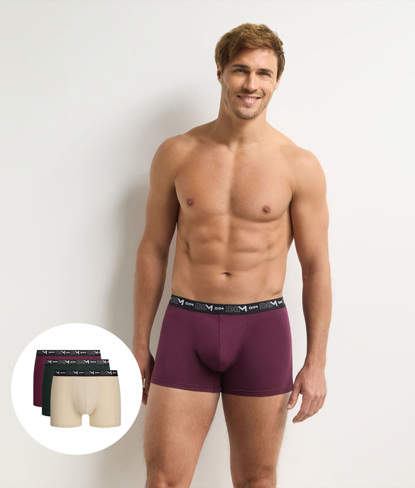 DIM Lot de 3 boxers homme figue, vert foncé, écru Coton Stretch