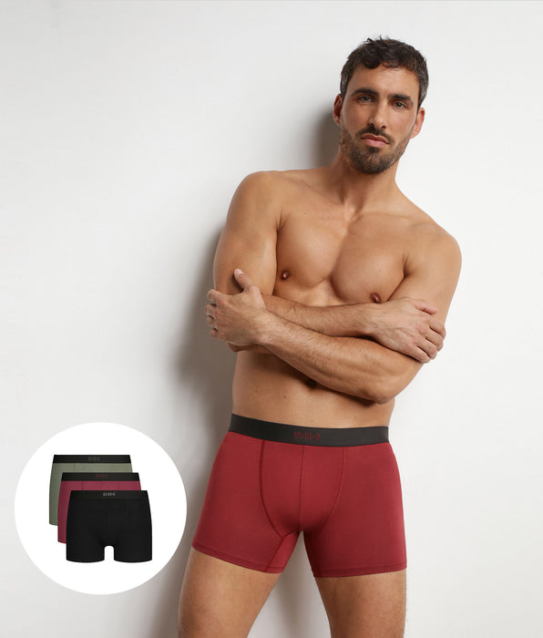 DIM Lot de 3 boxers homme en coton Noir Kaki Rouge Pur Confort