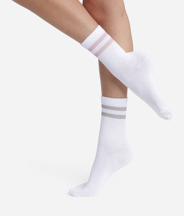 DIM Lot de 2 paires de chaussettes en coton côtelé Blanc et lurex Rose Gris Dim Mode
