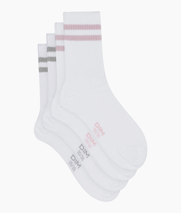 DIM Lot de 2 paires de chaussettes en coton côtelé Blanc et lurex Rose Gris Dim Mode