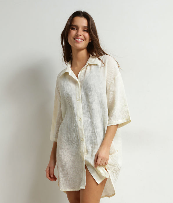 DIM Robe de plage femme en gaze de coton Blanc Crème Dim
