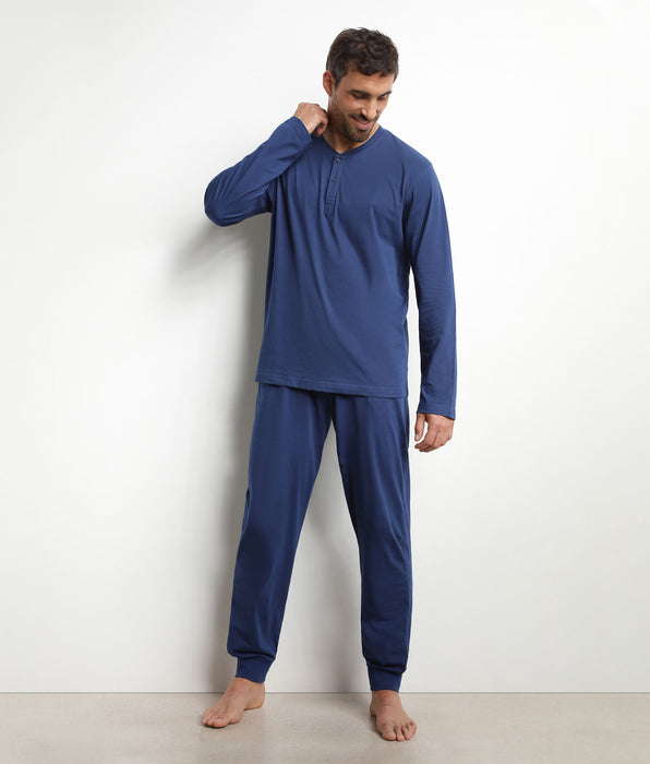 DIM Ensemble pyjama pantalon col serafino en jersey Bleu Nuit Dim Nightwear