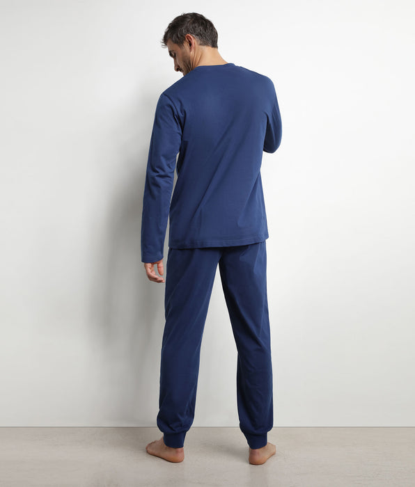 DIM Ensemble pyjama pantalon col serafino en jersey Bleu Nuit Dim Nightwear