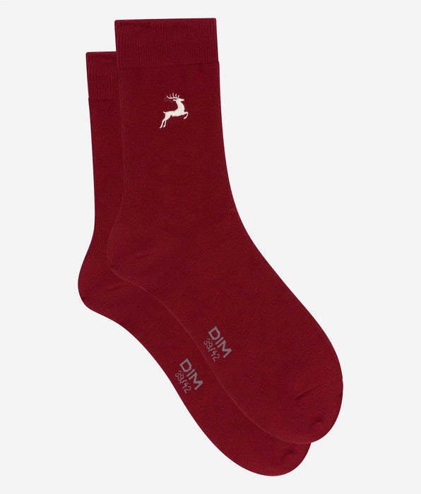 DIM Chaussettes homme mi-hautes rouge foncé à motif renne Coton Fancy