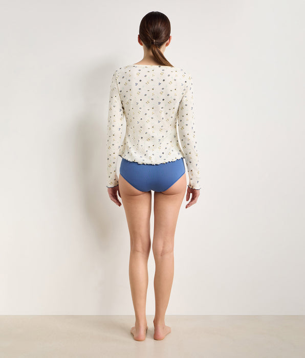 DIM Top manches longues col bateau coton écru imprimé fleuri Slow Days Fresh Vibes