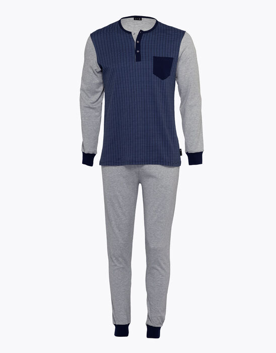 Pyjama long pour homme en coton interlock, bleu marine et imprimé, , DIM