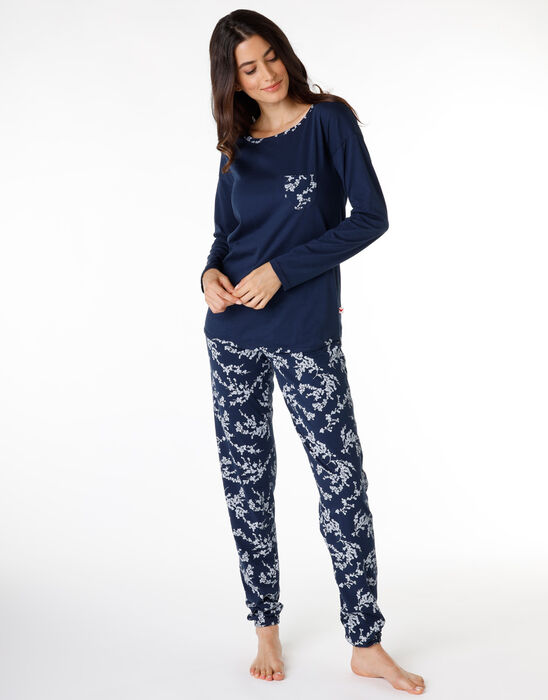 Pyjama long femme en jersey 100% coton, bleu, , DIM